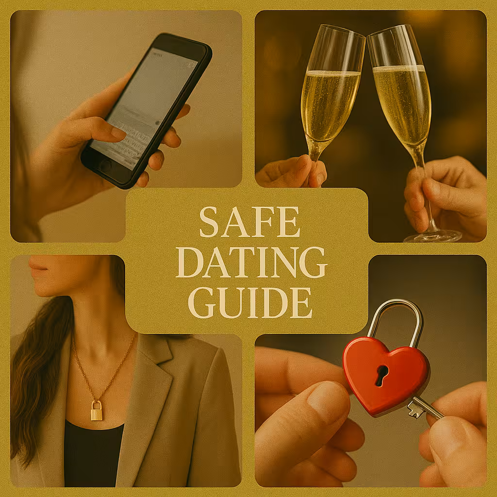 Safe Dating Guide cover - phone, champagne glasses, heart lock and key