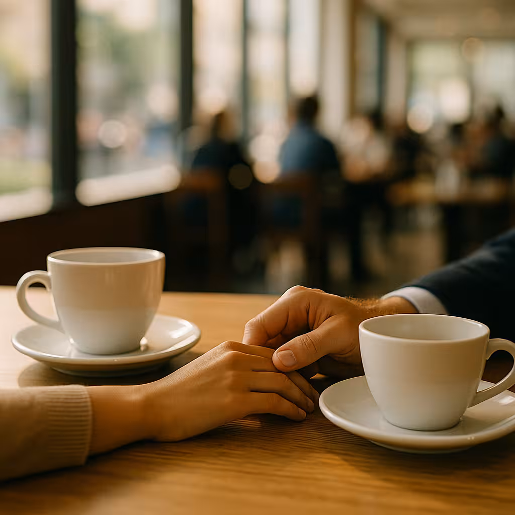Hands holding coffee cups representing a safe first meeting