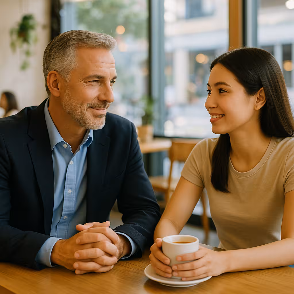 Sugar baby and sugar daddy having coffee at a café