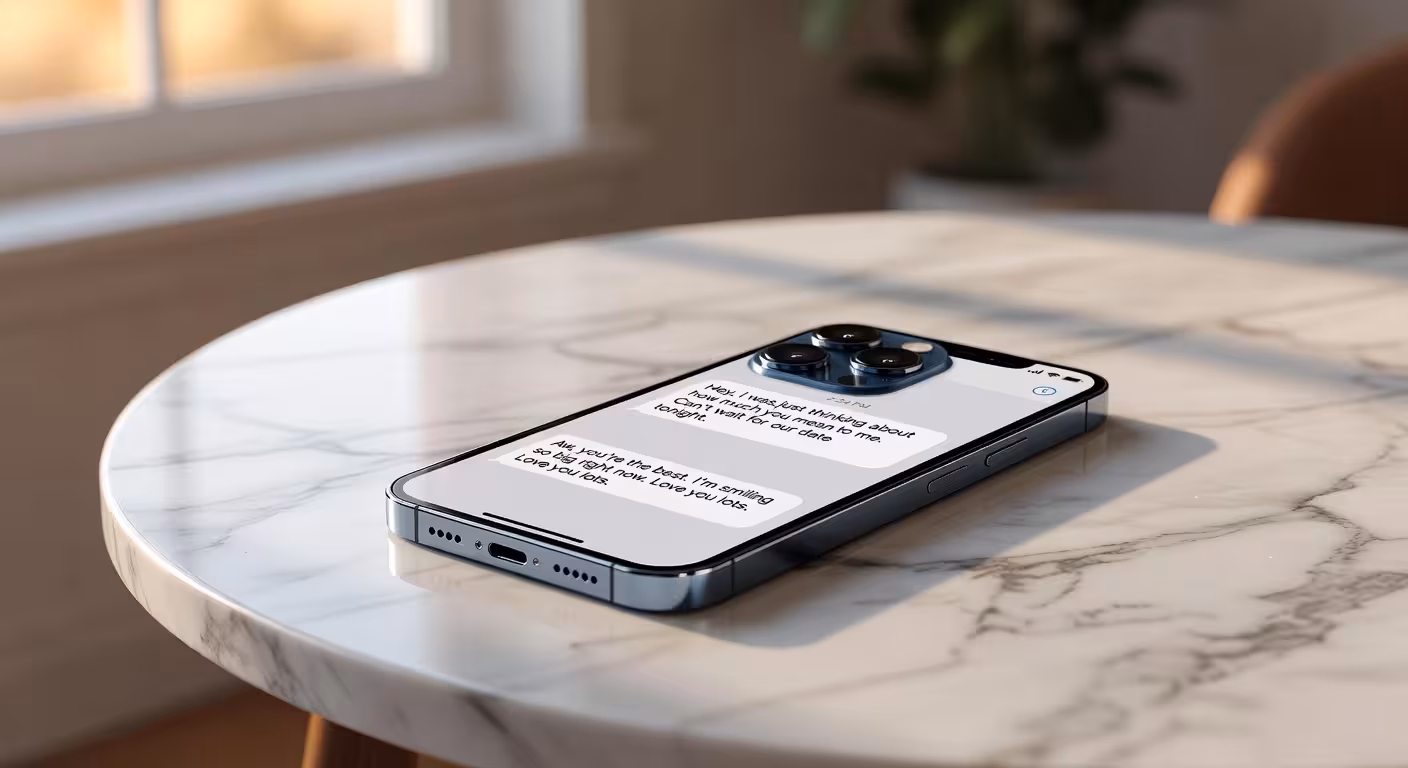 Smartphone displaying emotional text message on marble surface