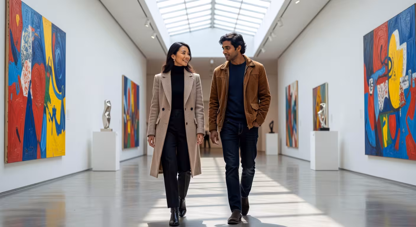 Two people walking together through a contemporary art gallery