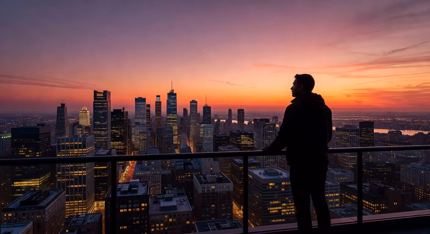 Silhouette of a person contemplating a city view at sunset