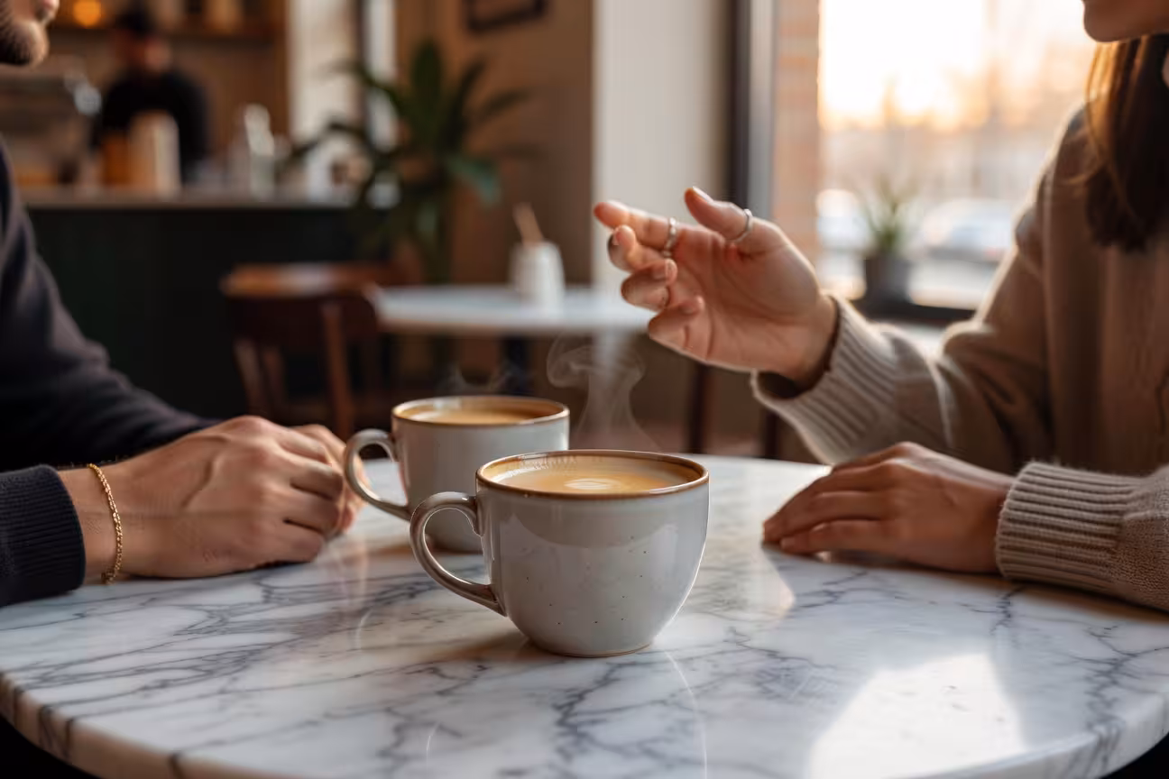 Two people having coffee conversation about relationship expectations