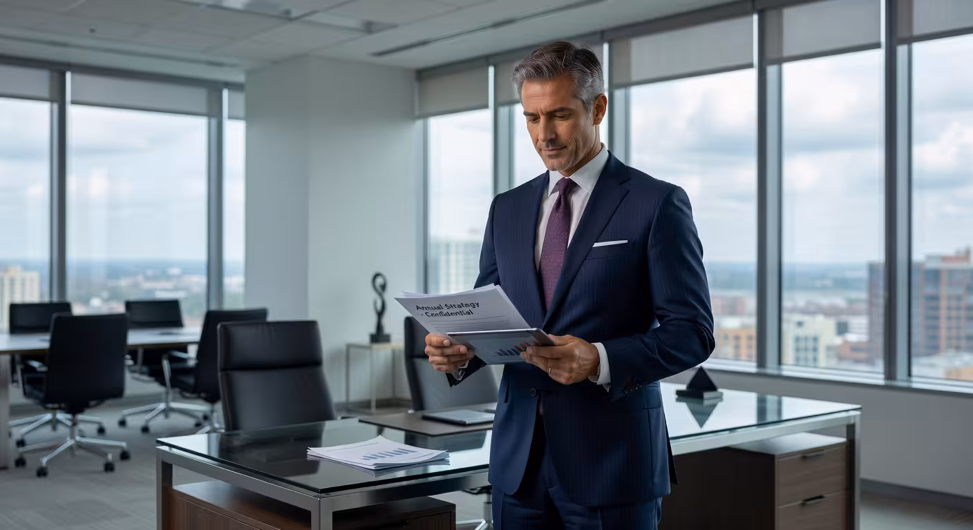 A well-dressed executive man in a dark suit reading confidential strategy documents in a high-rise office