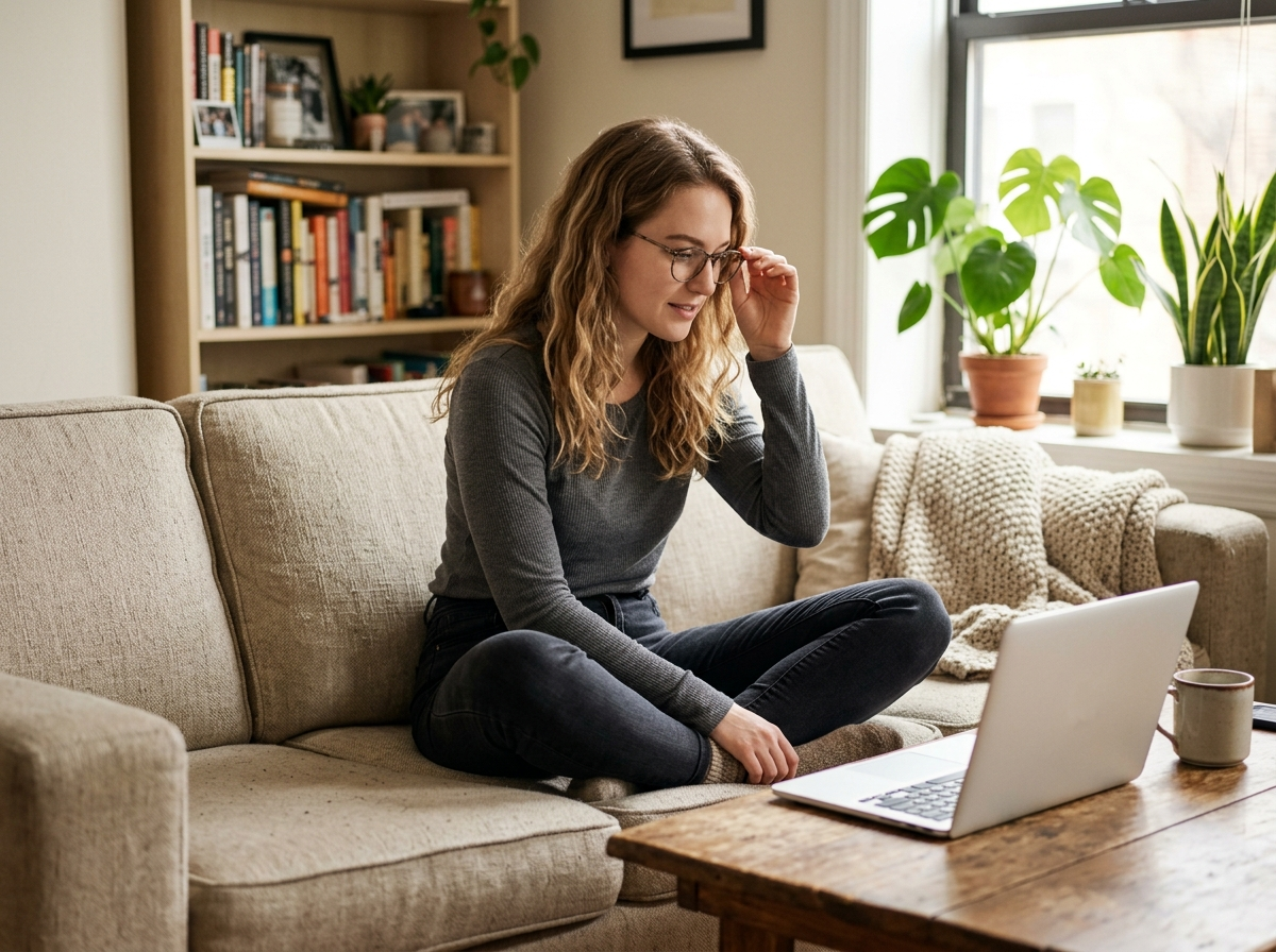 Young woman checking her finances on a laptop at home