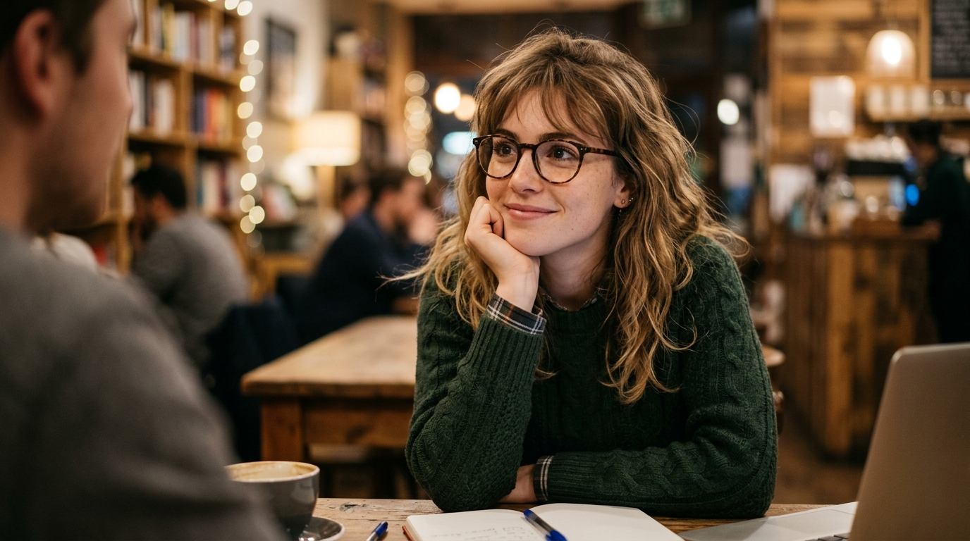 A young woman wearing glasses gazing admiringly at a man across from her in a cozy restaurant