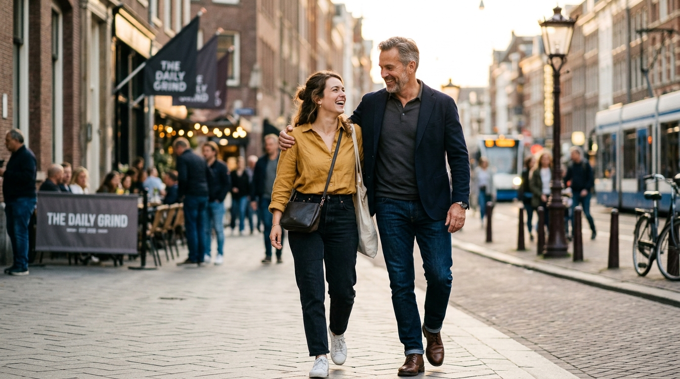 A happy couple walking and laughing together on a city street at golden hour