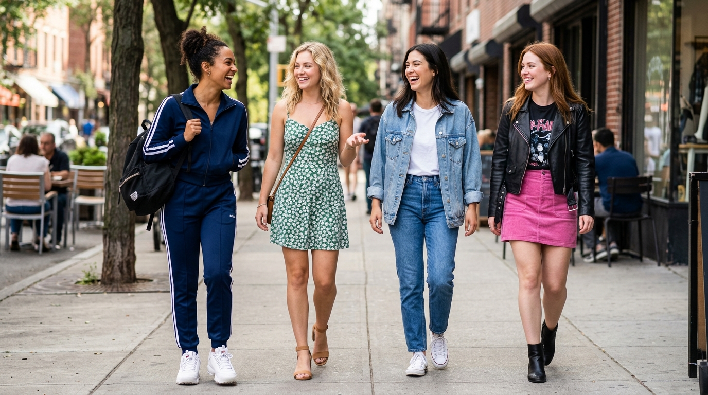 Four stylish young women in different outfits walking and laughing together on a city street