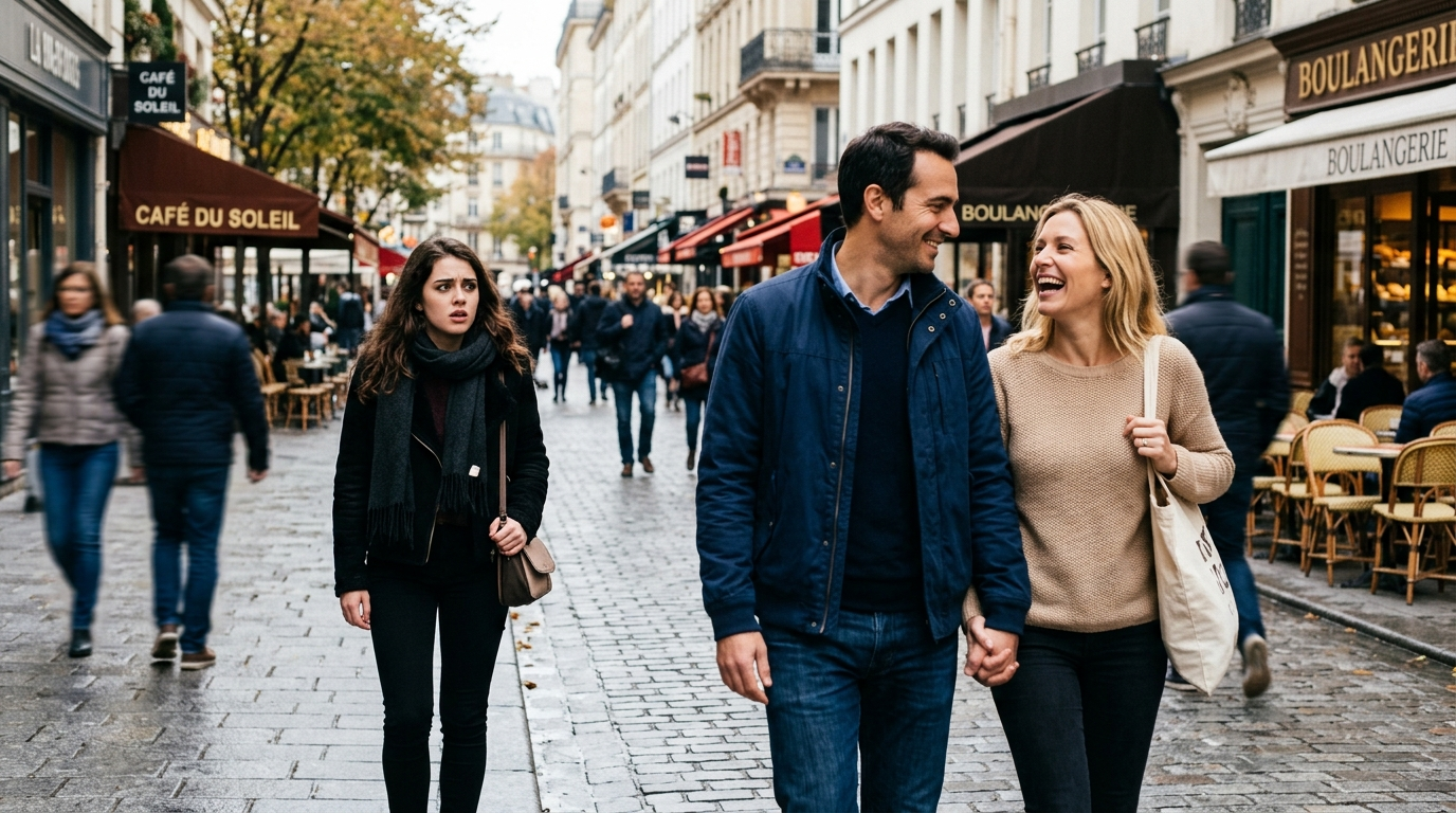 A couple walking together on a charming Parisian street lined with cafes and bakeries