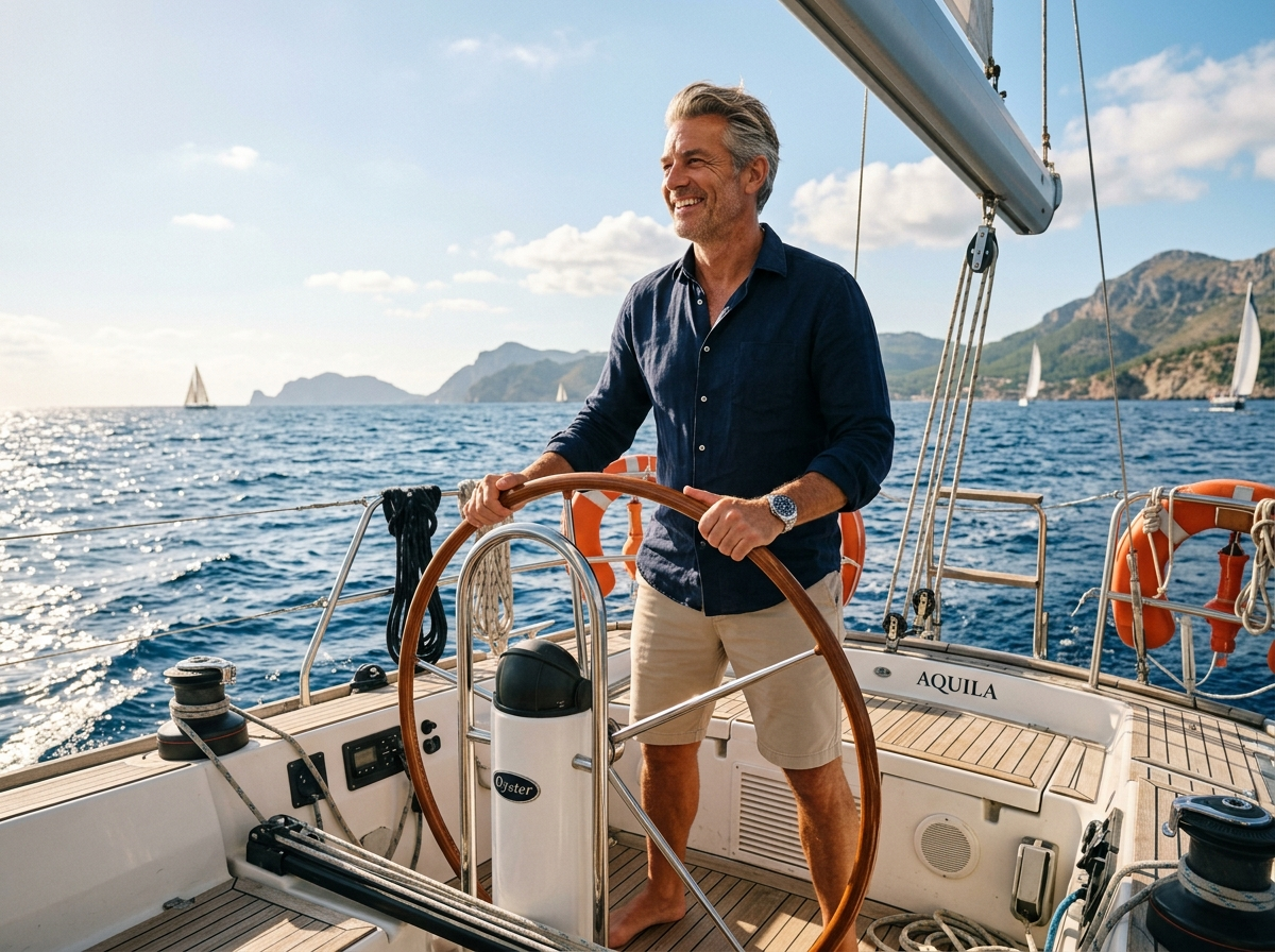 A relaxed man at the helm of a yacht out at sea