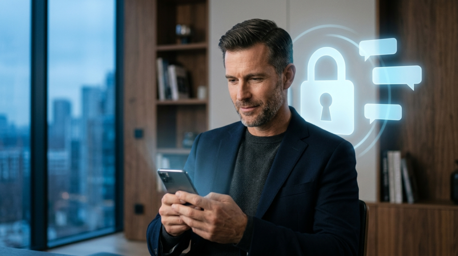 A mature man looking at his smartphone with digital security and encrypted messaging icons