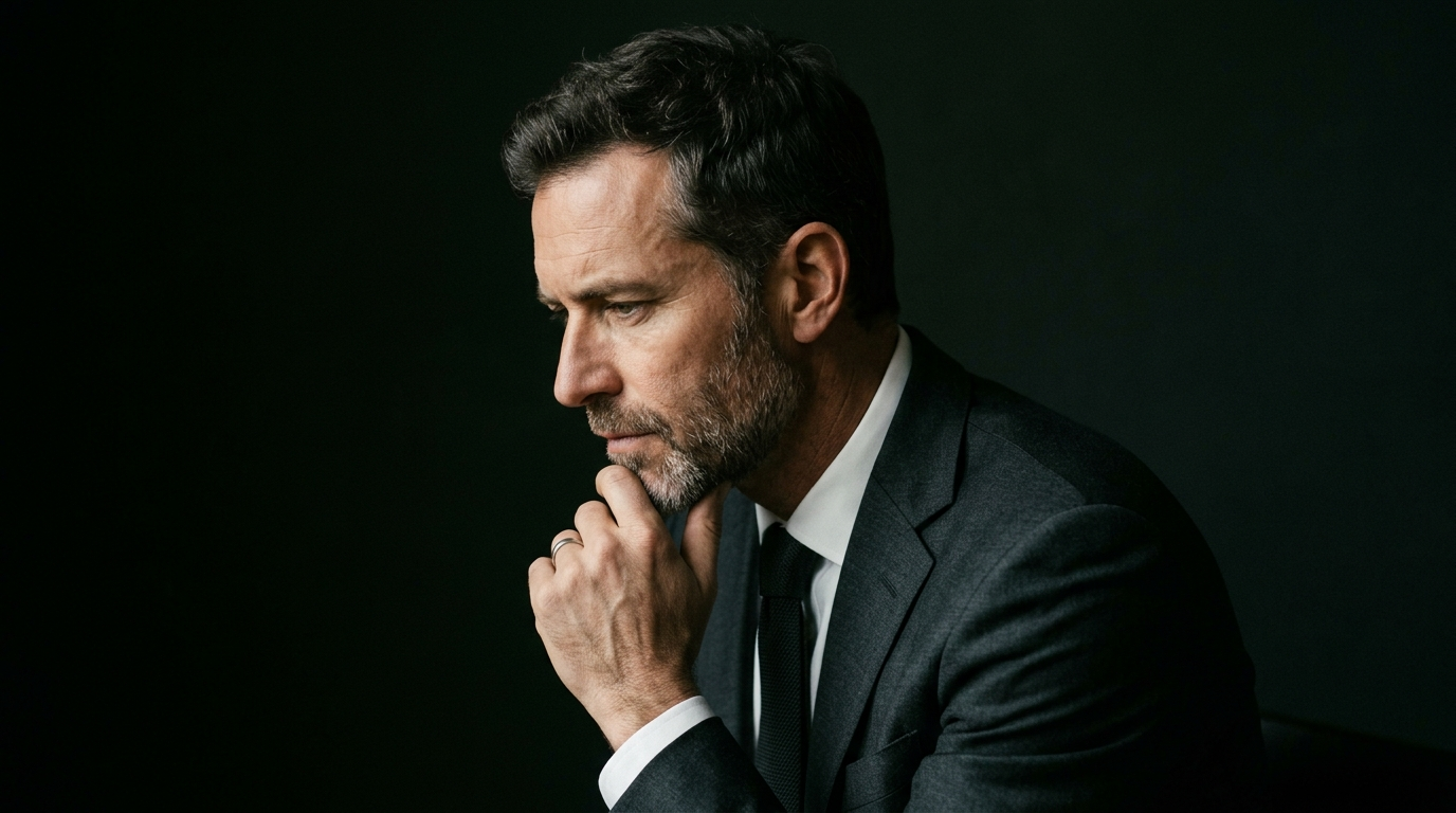 A distinguished middle-aged man in a dark suit seen in profile, deep in thought