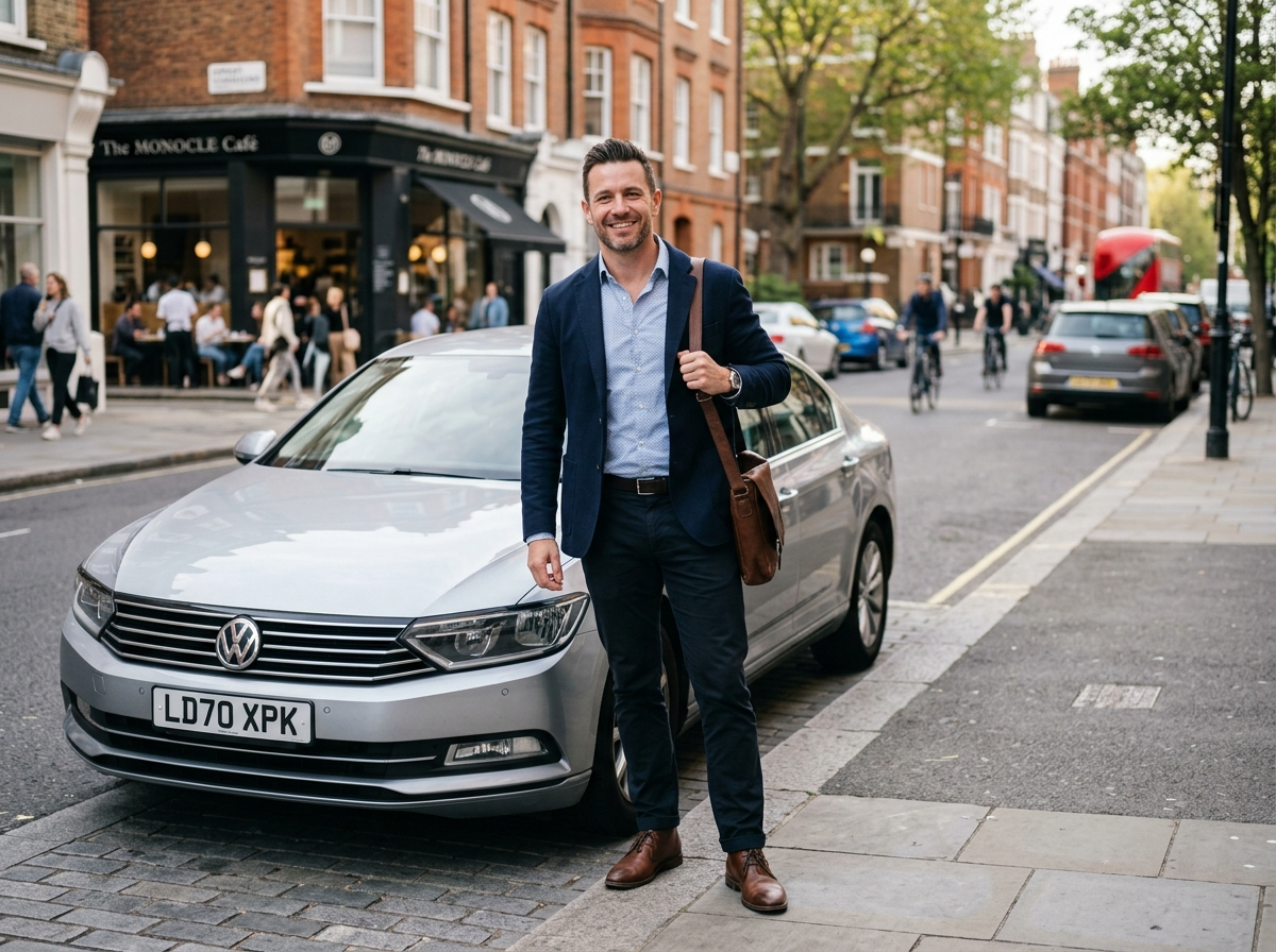 A confident well-dressed middle-aged man smiling while standing beside a luxury car on a London street