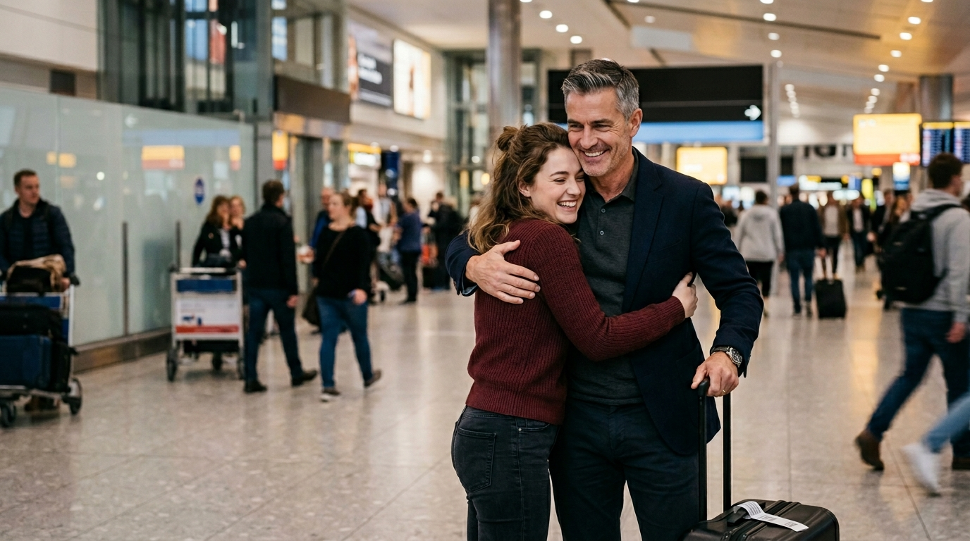 A young woman joyfully embracing an older man in a busy airport terminal